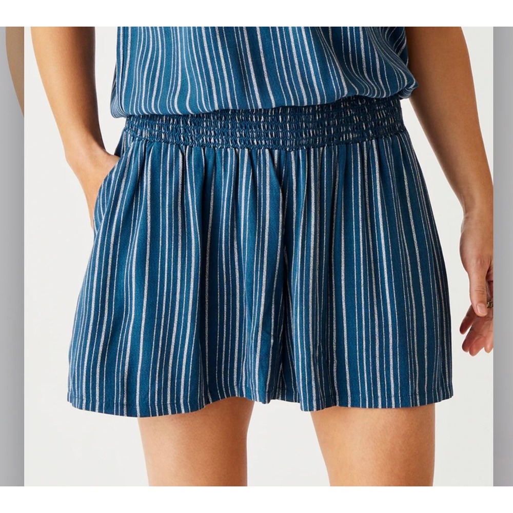 Carve Designs Leah Short Azul Stripe Smocked Waist EcoVero Blue White Medium